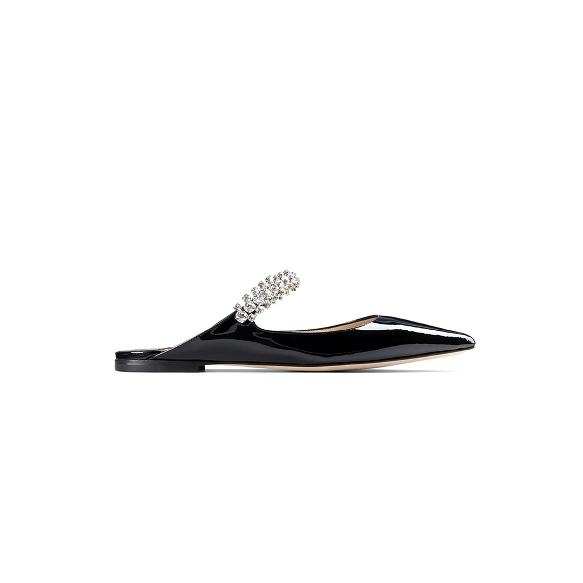 JIMMY CHOO BLACK PATENT LEATHER MULES WITH CRYSTAL STRAP BINGFLATPAT010003